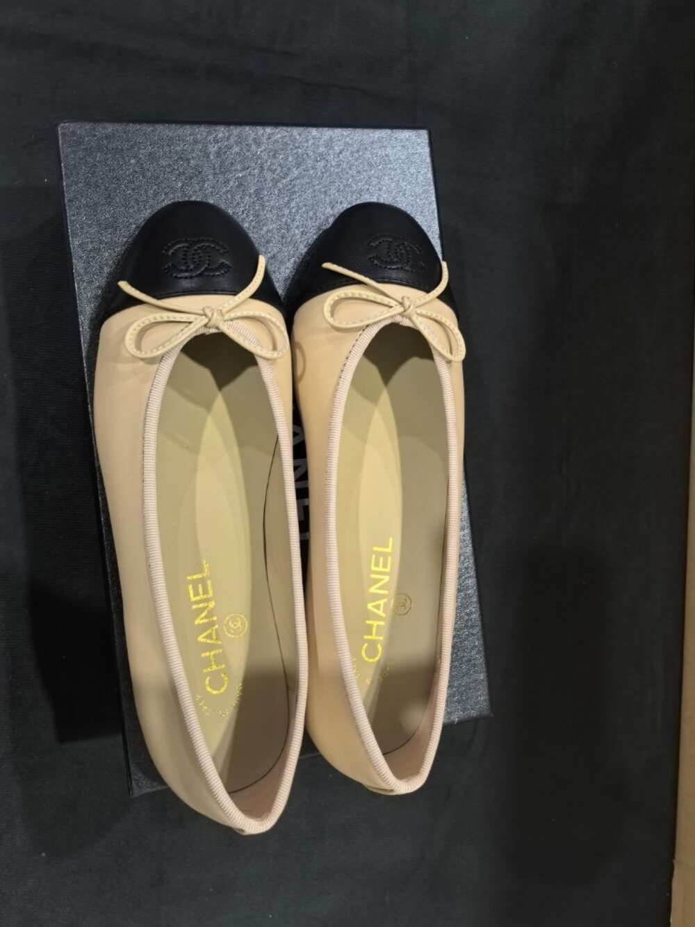 CHANEL Beige Lambskin Cap Toe Ballerina Flats